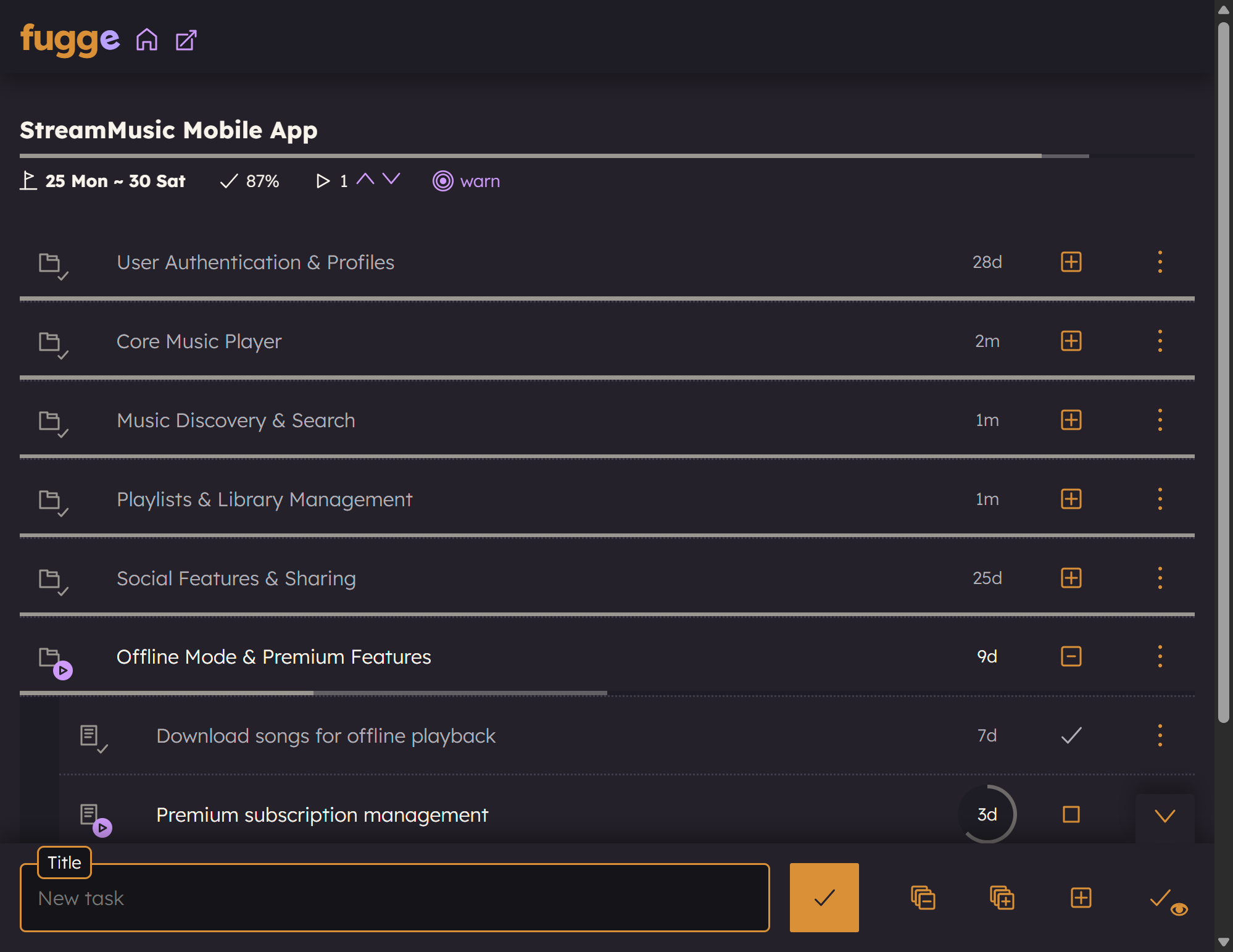 Feature breakdown showing hierarchical task organization