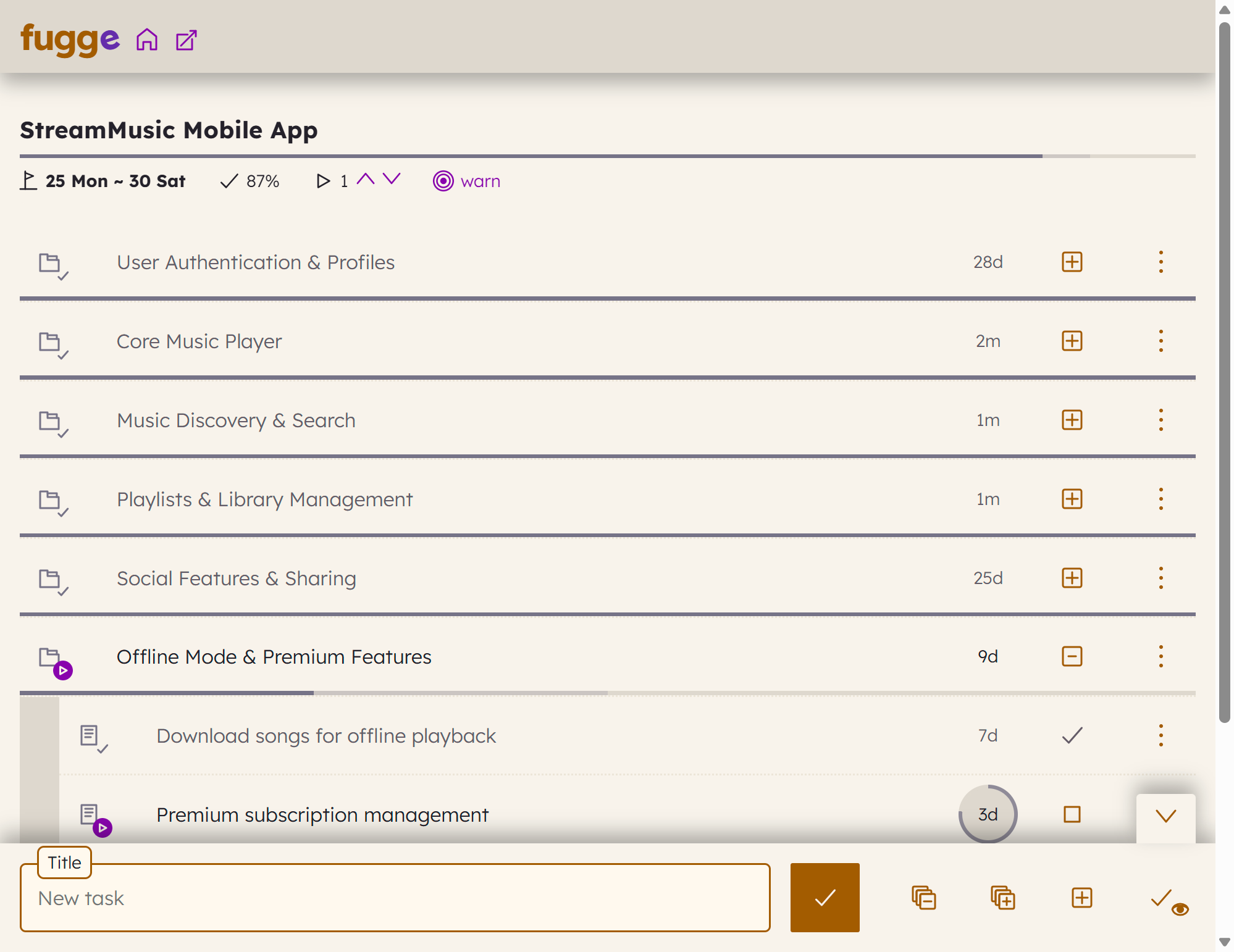 Feature breakdown showing hierarchical task organization