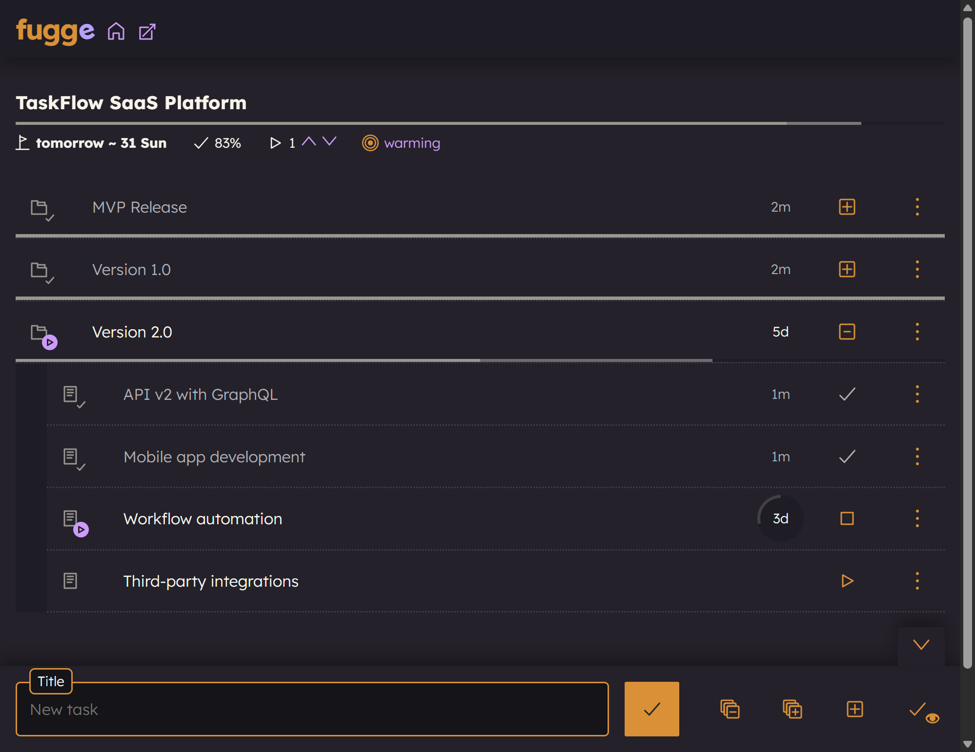 Milestone view showing version-based project organization