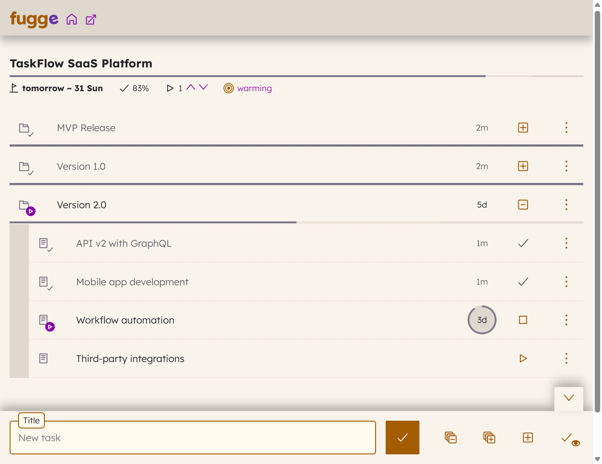 Milestone view showing version-based project organization